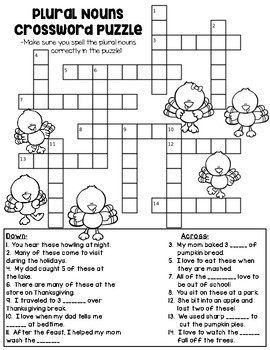 Plural Nouns Thanksgiving Crossword Puzzle By Cupcakes And Rainbows