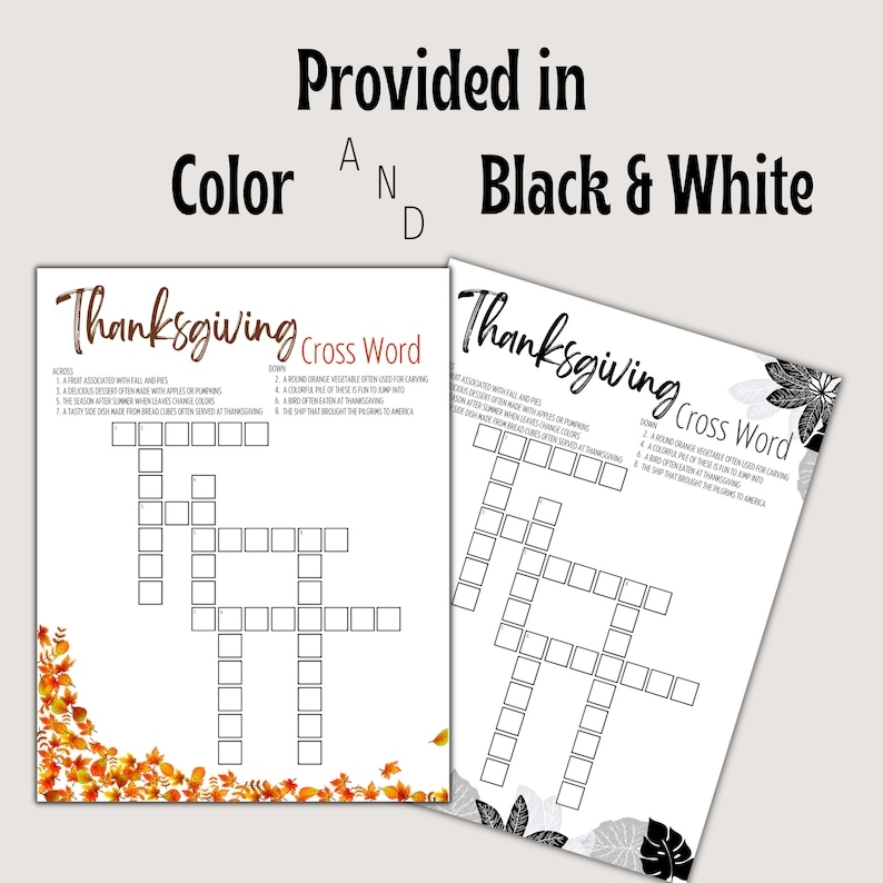 Thanksgiving themed Crossword Puzzle Printable Available In Color And