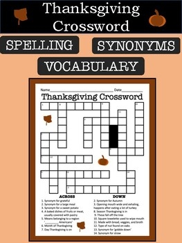 Thanksgiving Themed Crossword Puzzle Synonyms Definitions Spelling 