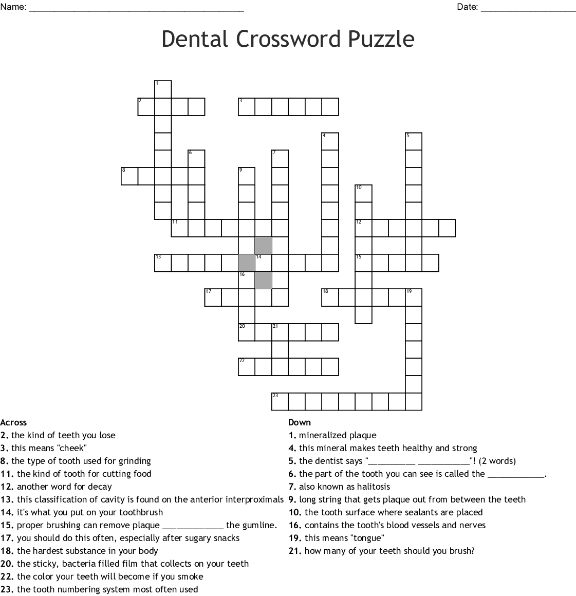 Adult Dental Crossword Puzzle Printable Sally Crossword Puzzles