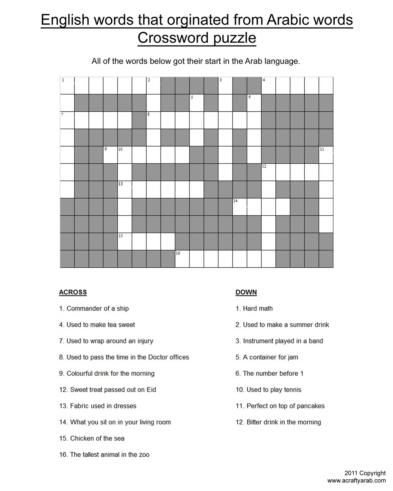 Arabic Origin Words Crossword Puzzle Printable By A Crafty Arab