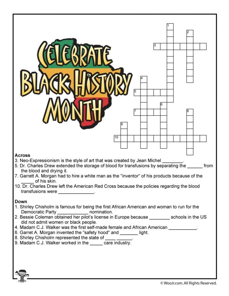 Black History Month Crossword Puzzle Worksheet Woo Jr Kids 