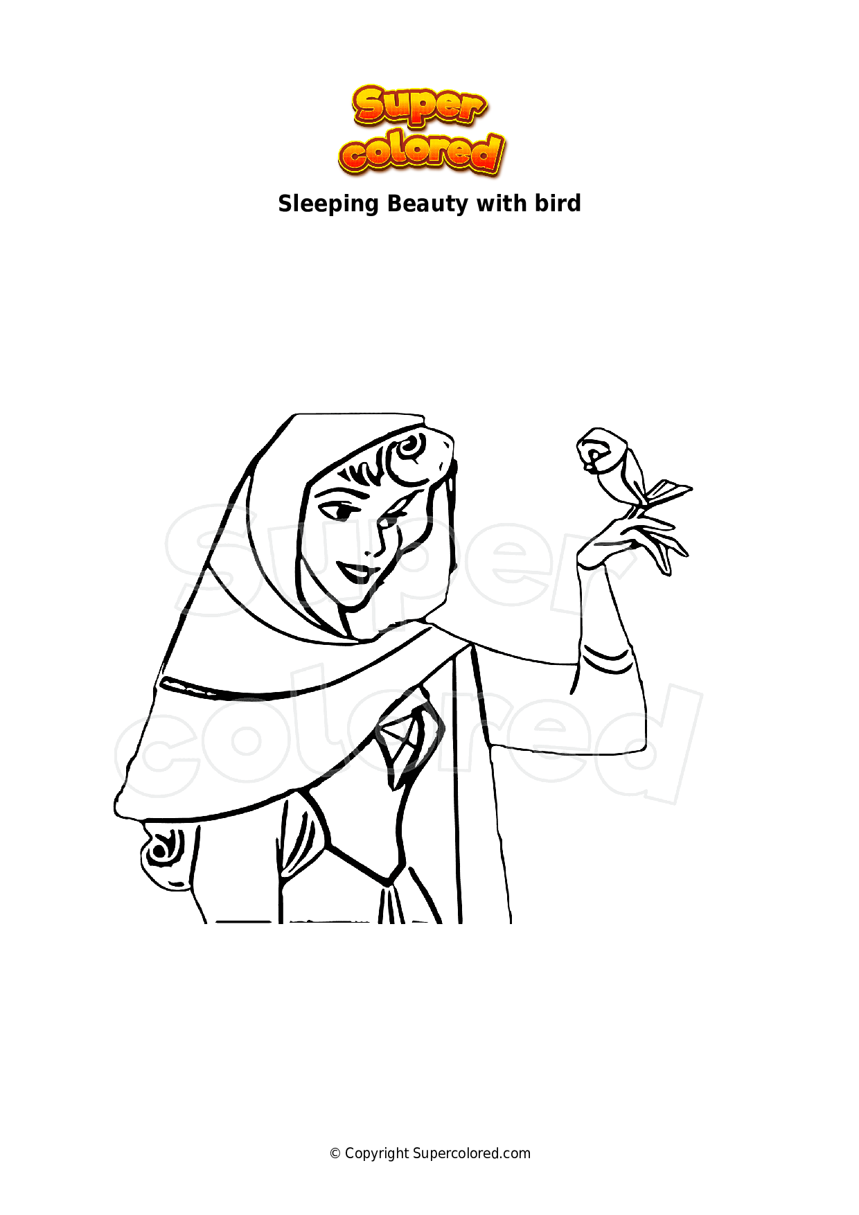 Coloring Page Sleeping Beauty With Bird Supercolored