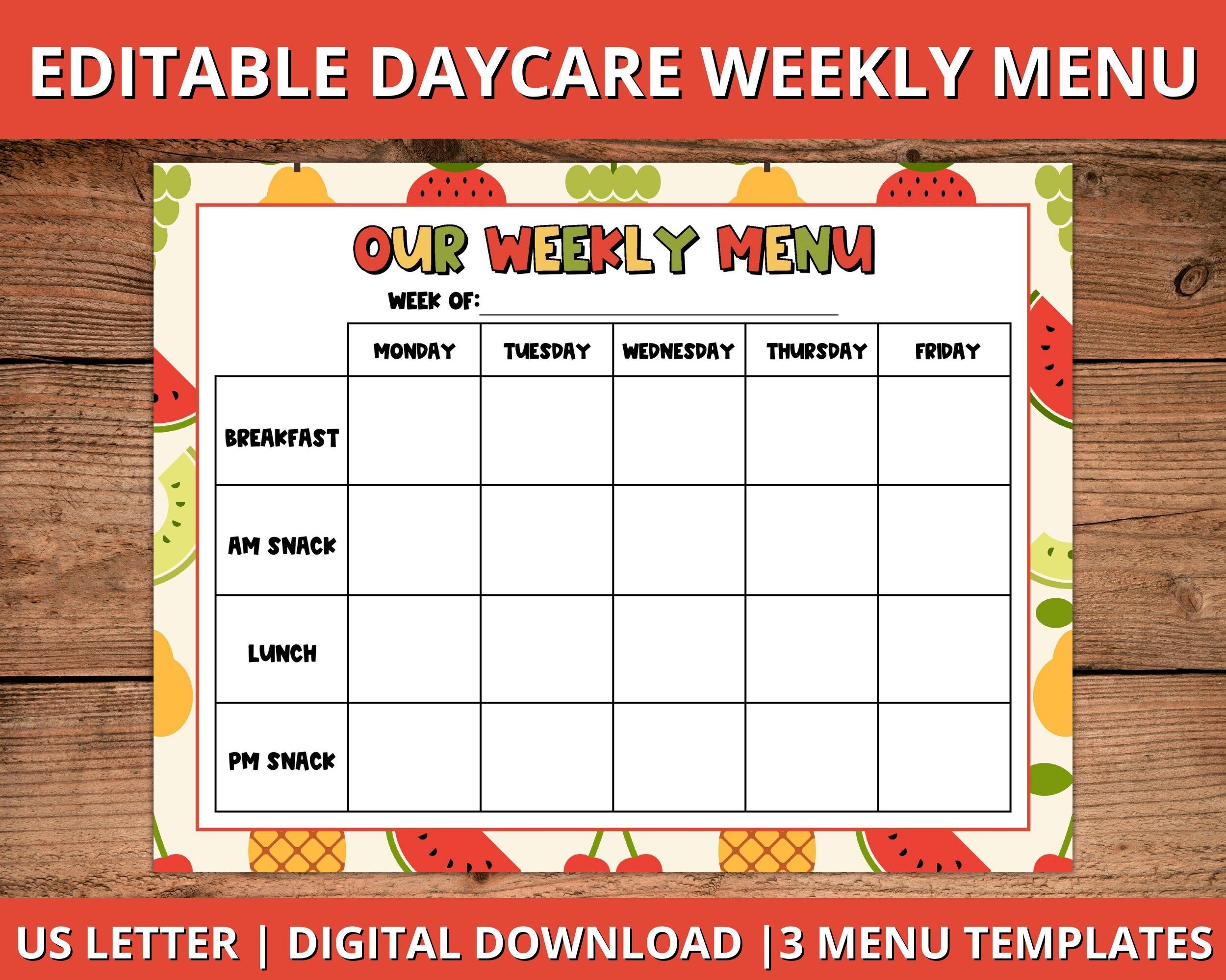 Editable Daycare Weekly Menu Editable Daycare Menu Fillable Daycare 