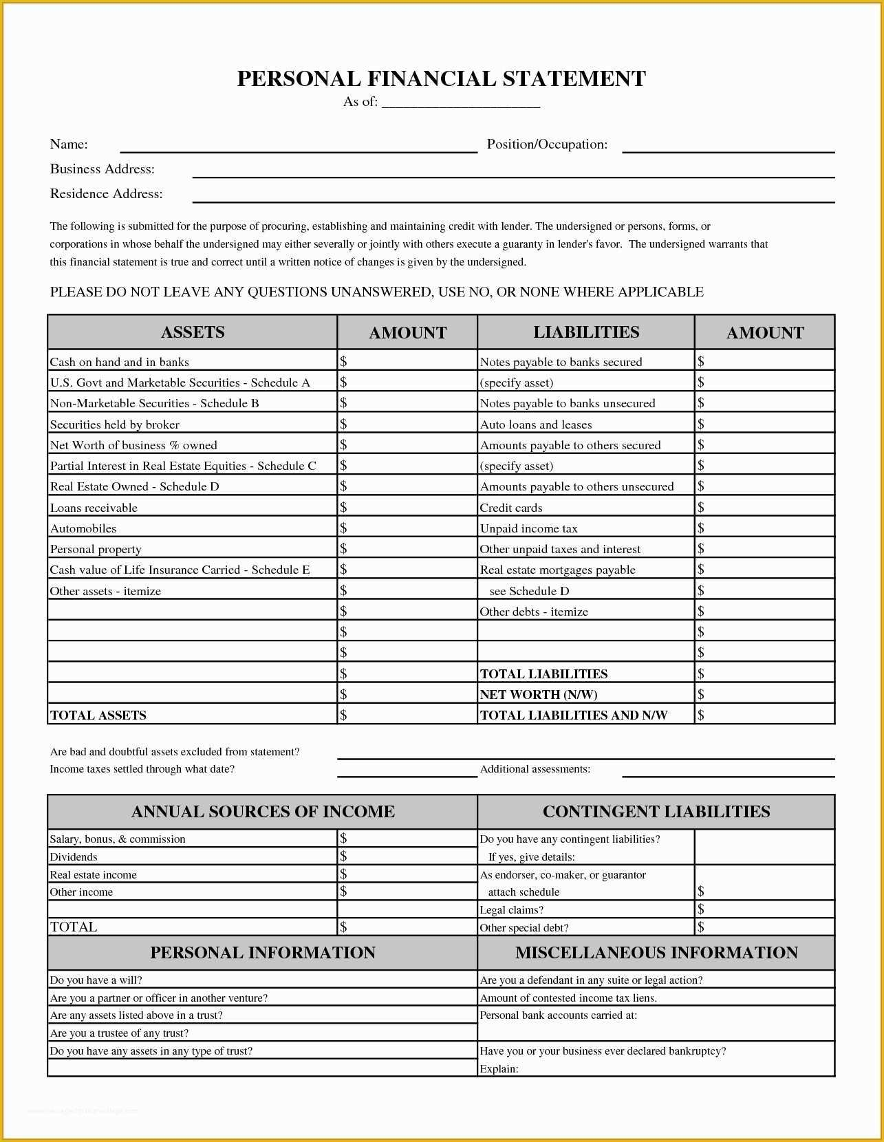 Free Financial Statement Template Of Free Printable Personal Financial 