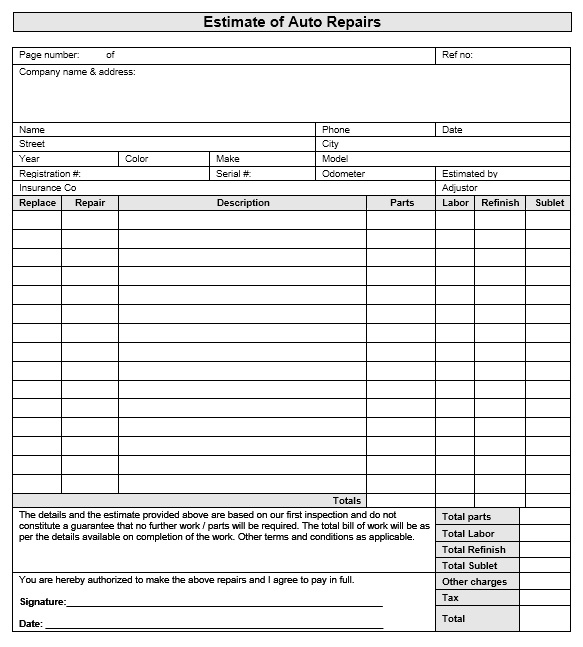 Free Printable Auto Body Repair Estimate Template Forms Printable