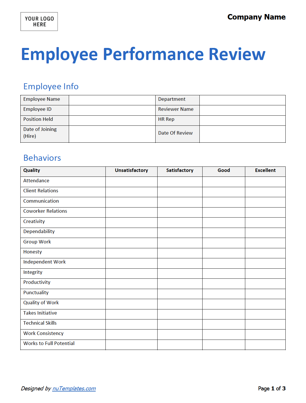 Free Printable Employee Review Template Printable Forms Free Online