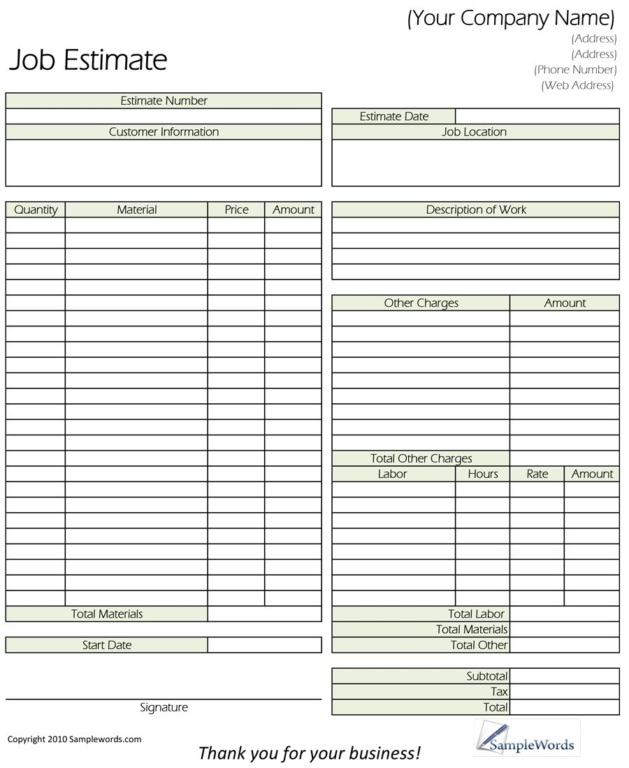 Free Printable Estimate Template Printable World Holiday 100800 Hot 