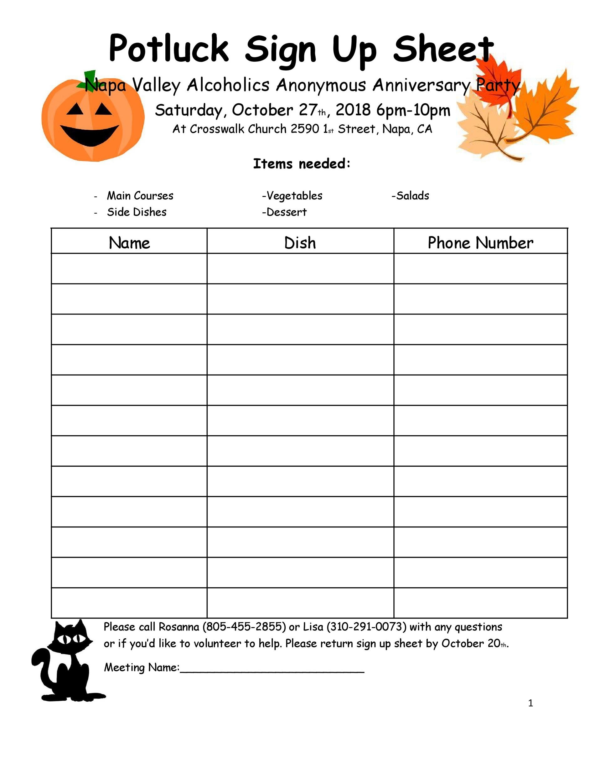 Free Printable Fall Potluck Sign Up Sheet Template Printable Templates