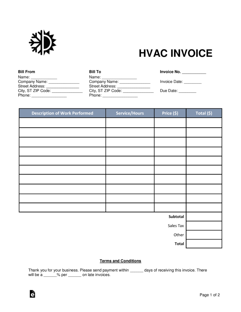 Free Printable Hvac Invoice Template Printable Calendar