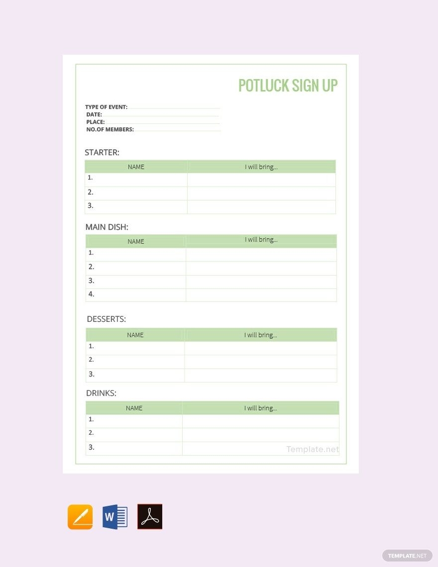 Free Printable Potluck Sign Up Sheet Template Word Printable Form 