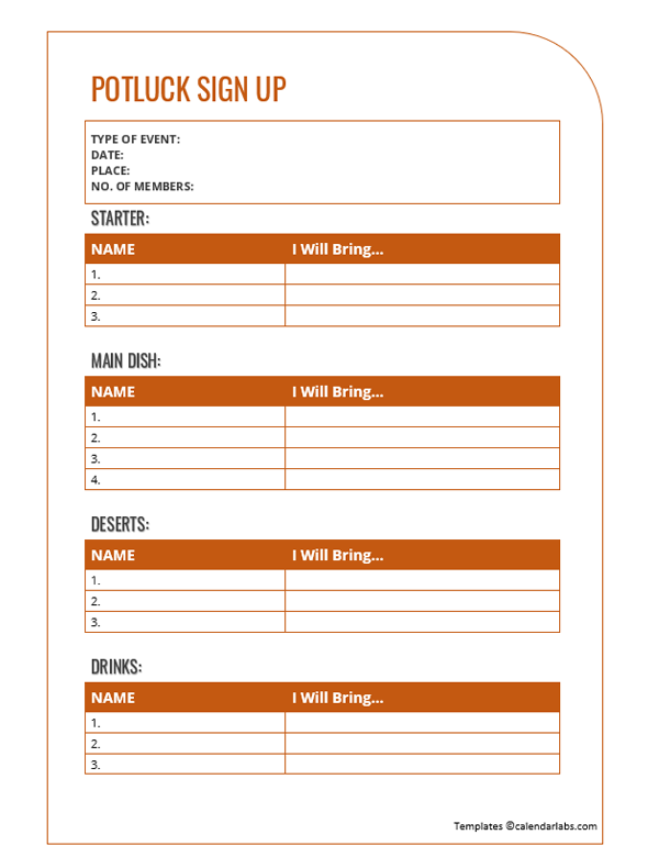 Free Printable Potluck Sign Up Sheet Template Word