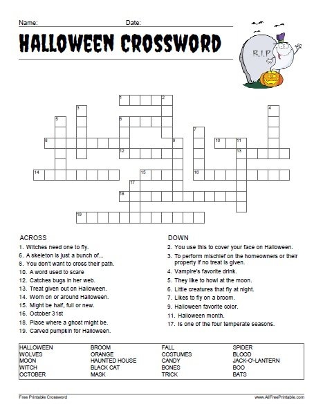 Halloween Crossword Free Printable