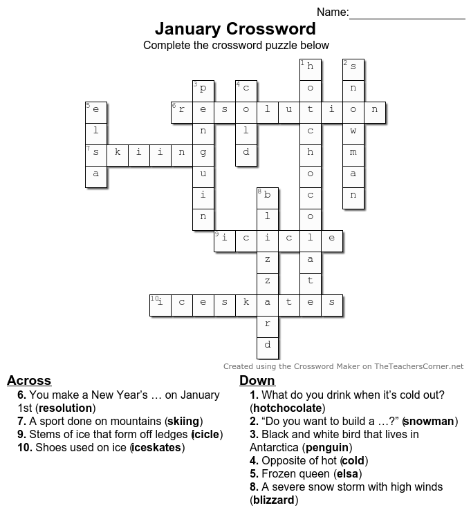 January Crossword Puzzle The Bellarmine Prep Lion