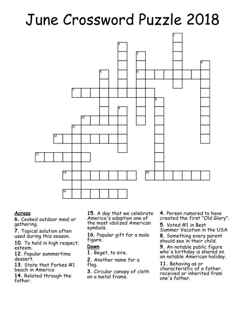 June Crossword Puzzle Printable - Elmo Coloring Sheets