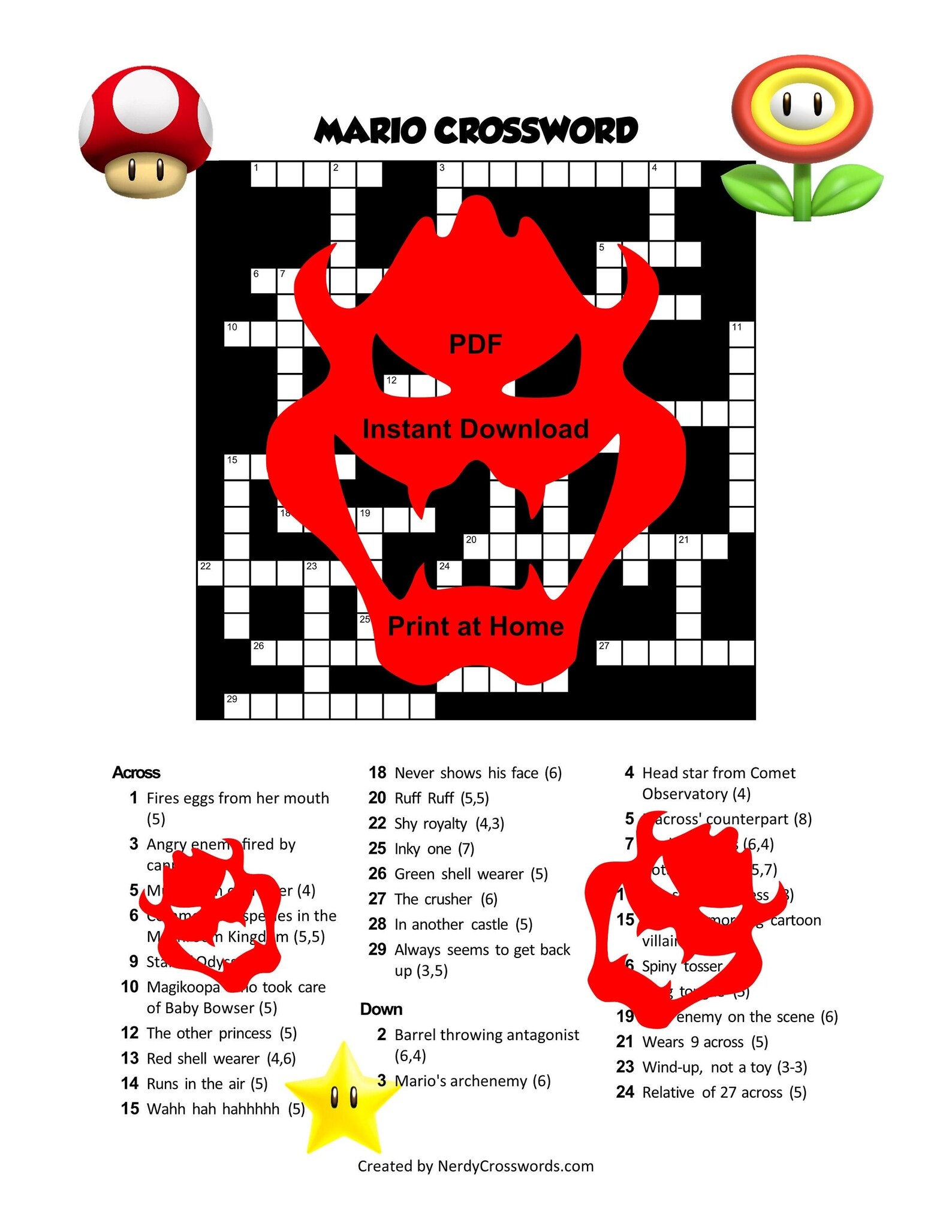 Mario Crossword Digital Download Easy Simple Basic Crossword Etsy