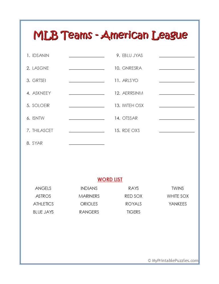 MLB Teams Crossword Puzzle My Printable Puzzles