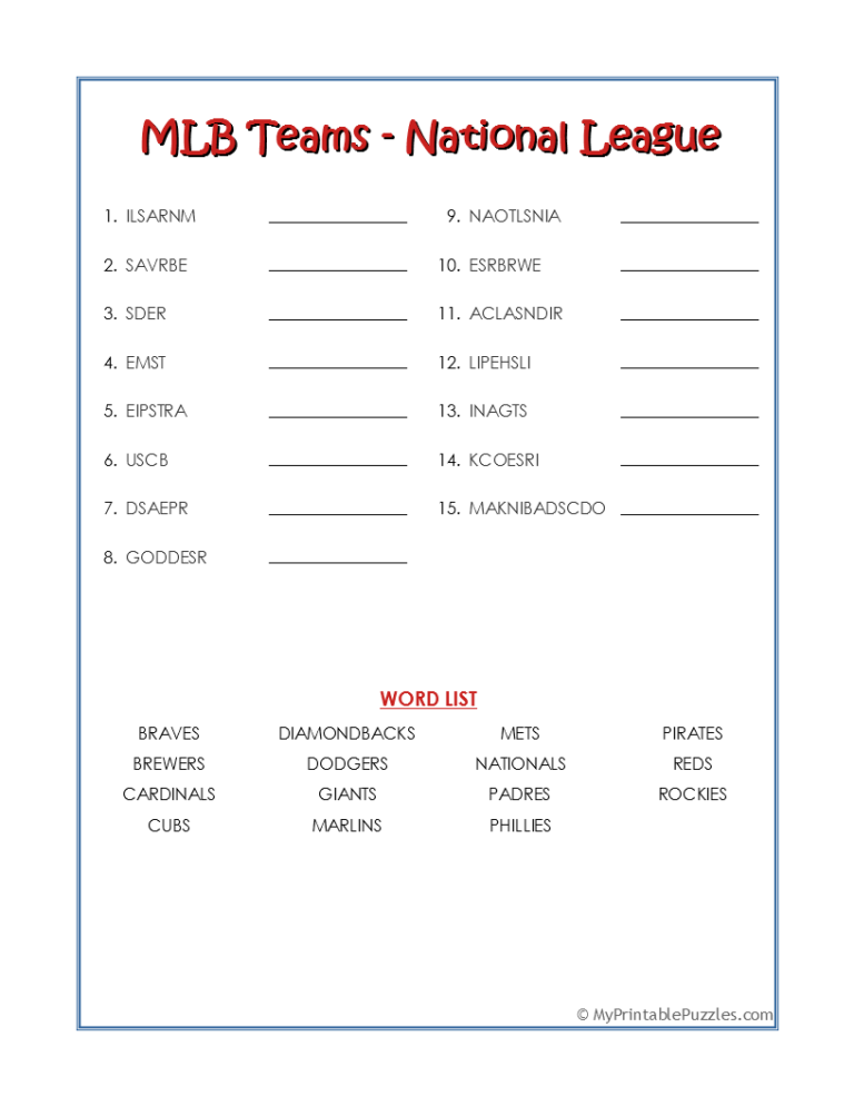 MLB Teams Crossword Puzzle My Printable Puzzles