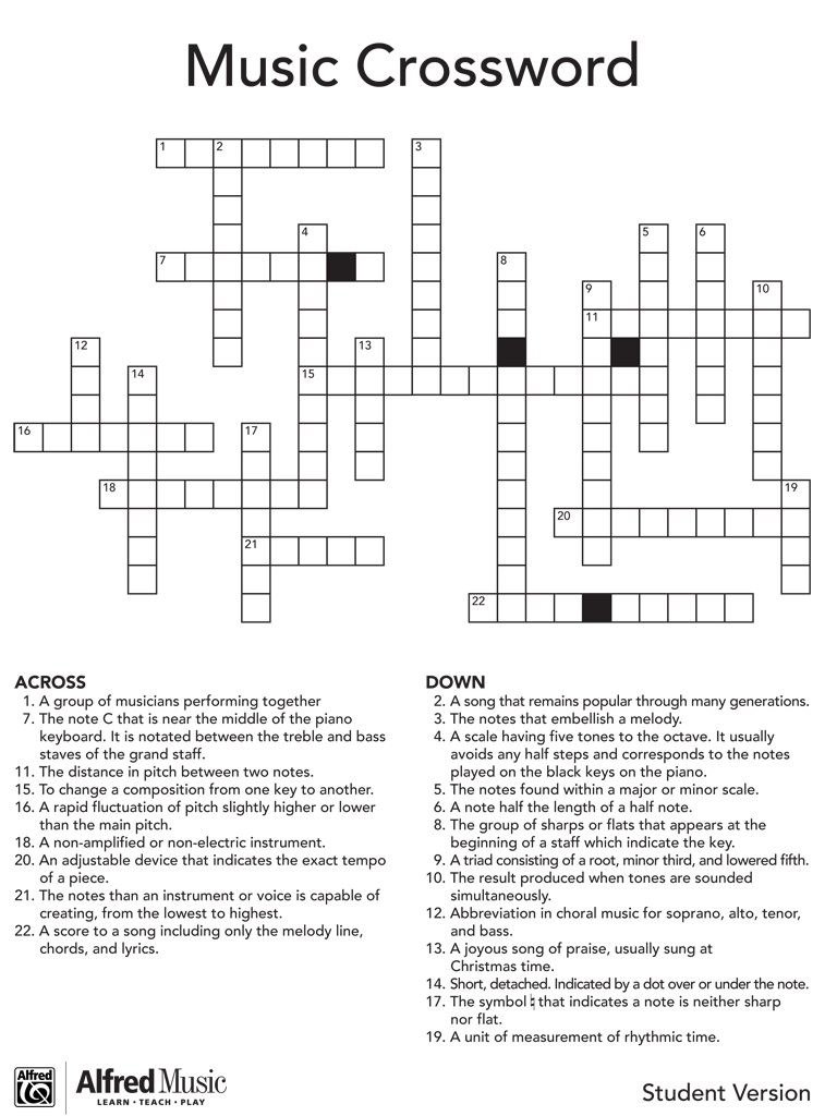 Music Crossword Puzzle Activity Printable Music Crossword Puzzles 