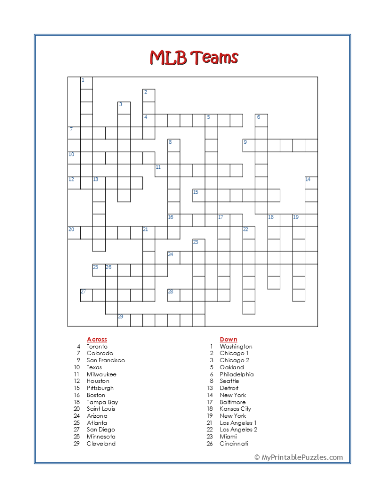 NFL Teams Crossword Puzzle My Printable Puzzles