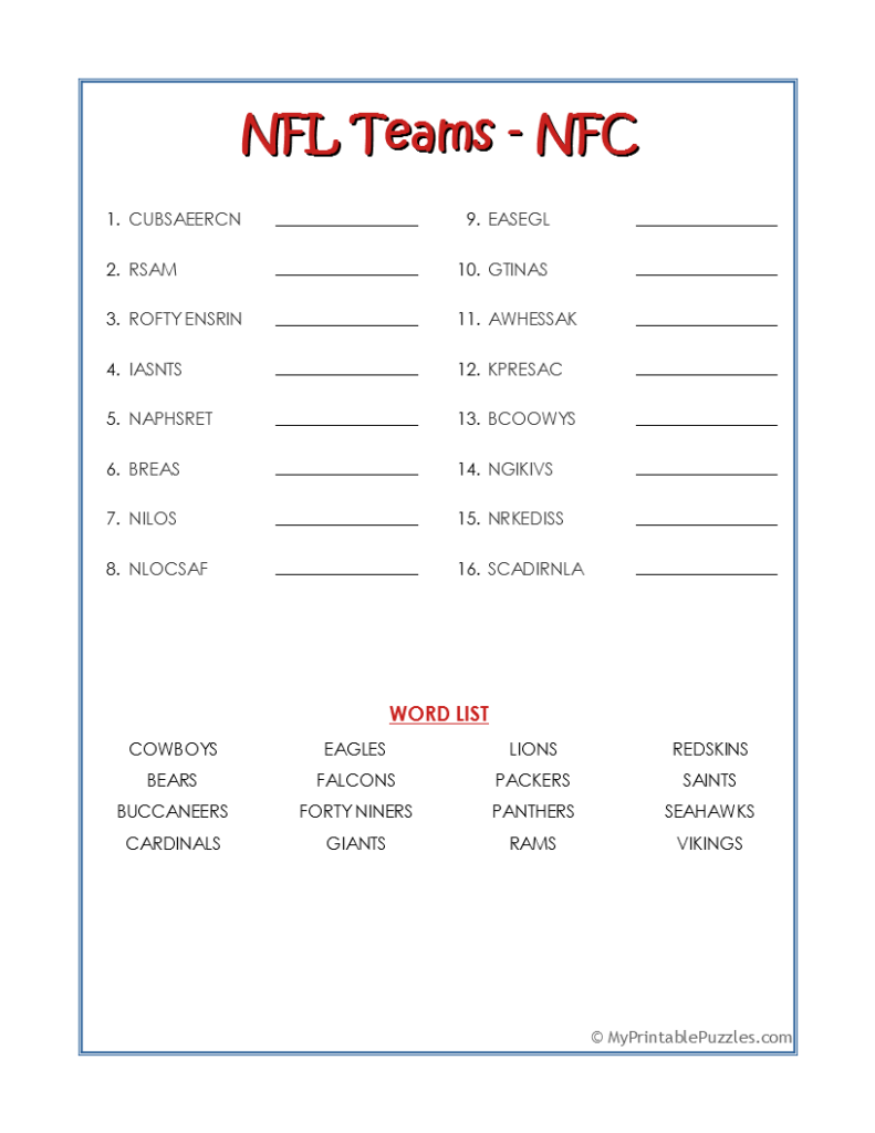 NFL Teams Crossword Puzzle My Printable Puzzles