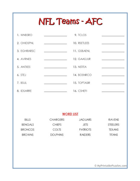NFL Teams Crossword Puzzle My Printable Puzzles