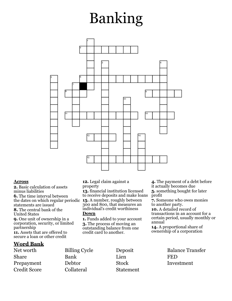 Printable Banking Crossword Puzzles