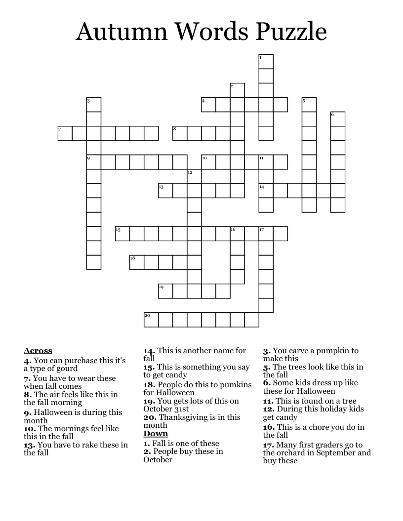 Printable Fall Crossword Puzzle