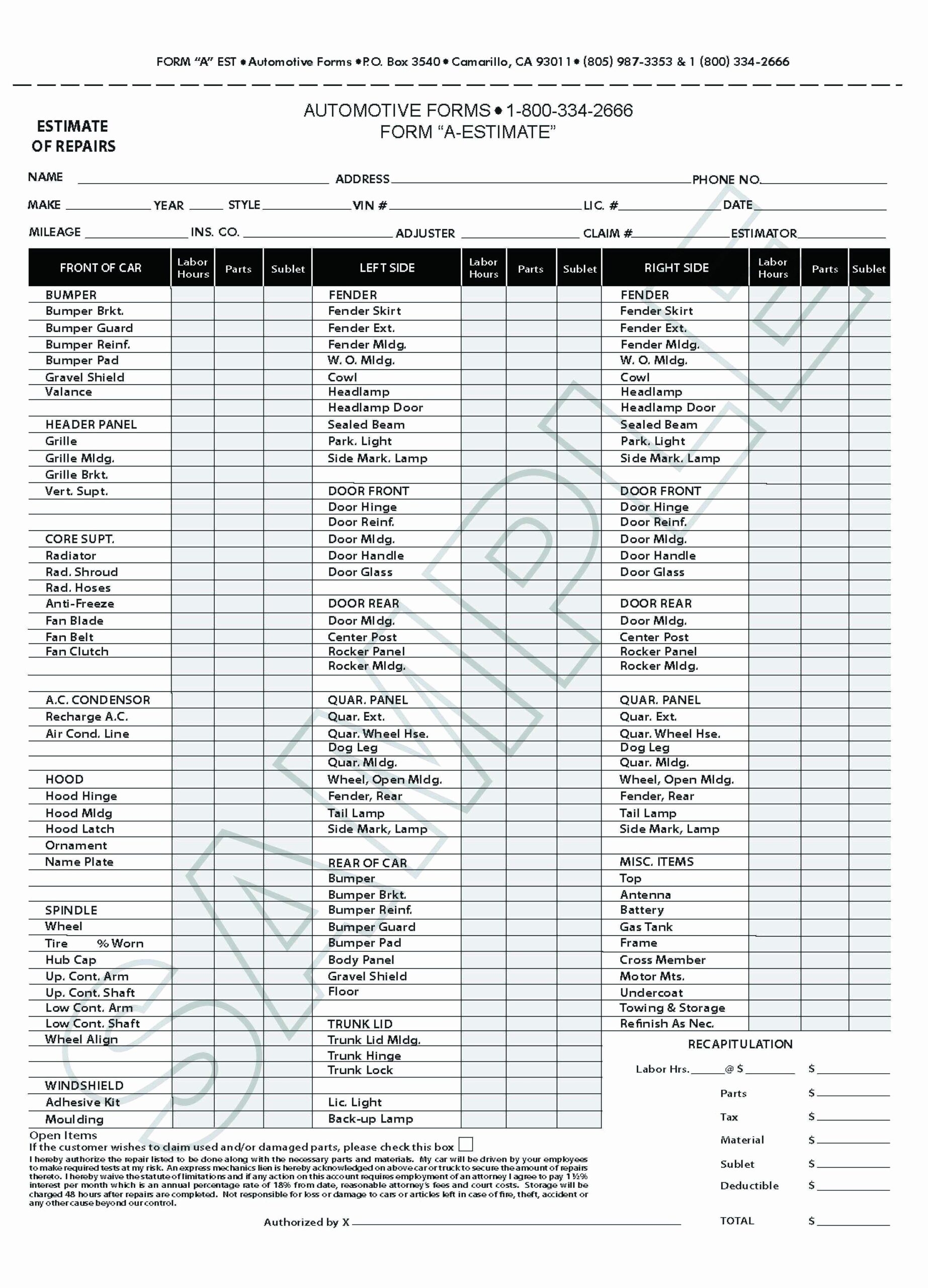 Printable Free Auto Body Repair Estimate Template Forms Printables 