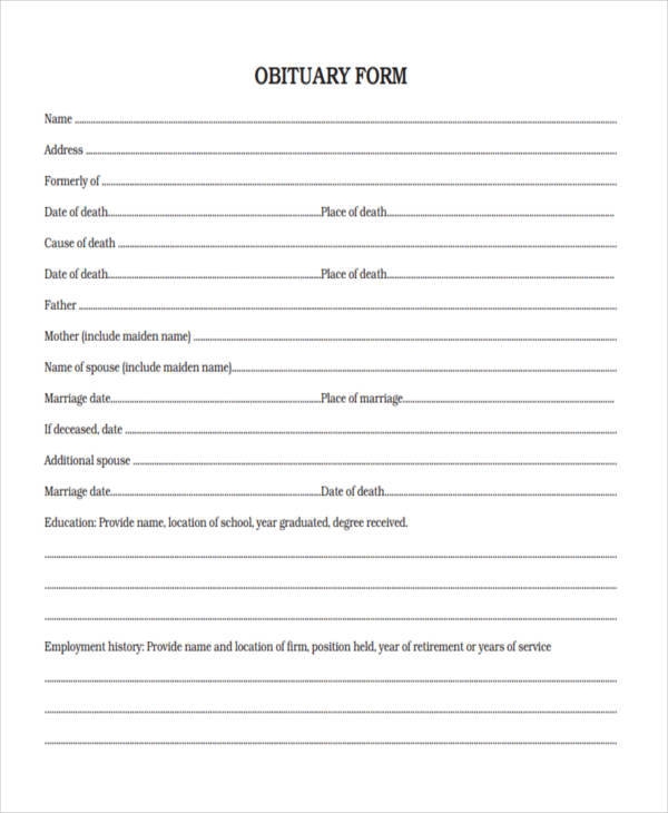 Printable Obituary Form Printable Forms Free Online