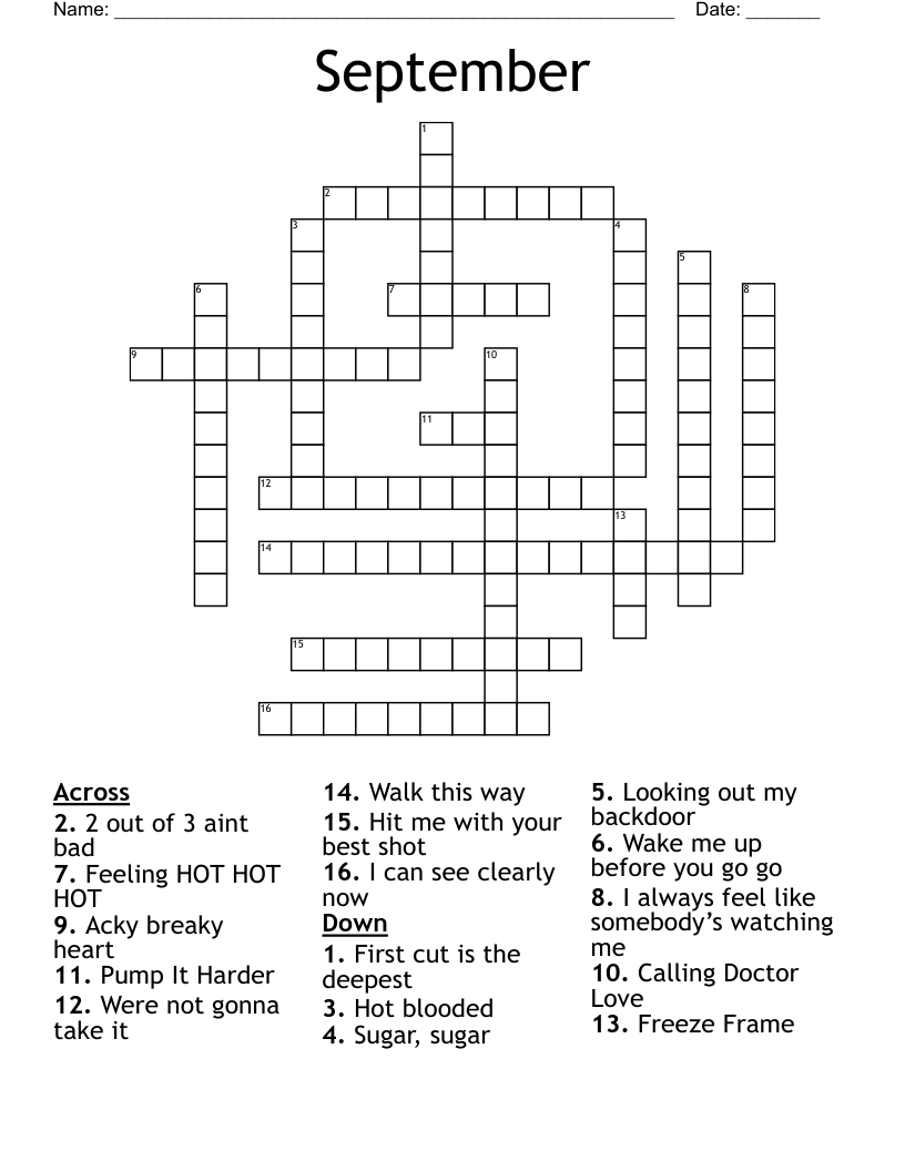 September Crossword Puzzle Printable