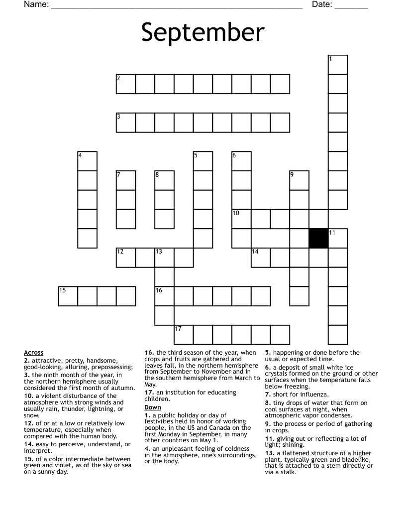 September Crossword Puzzle Printable