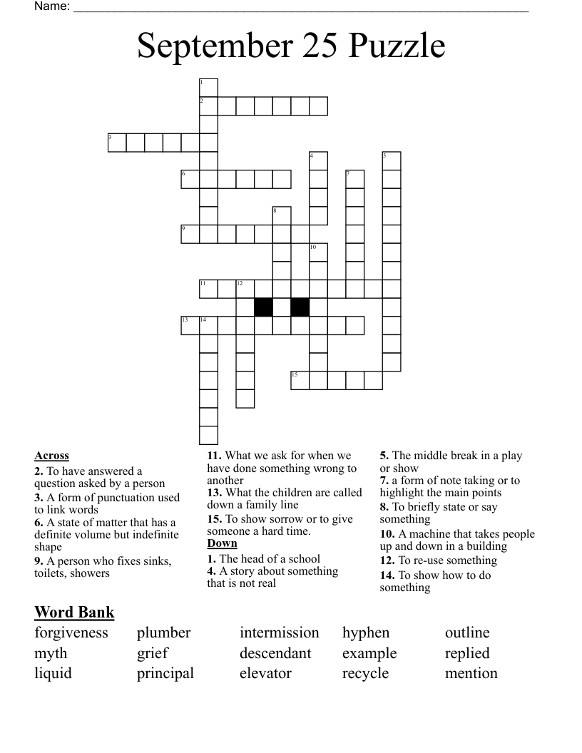 September Crossword Puzzle Printable