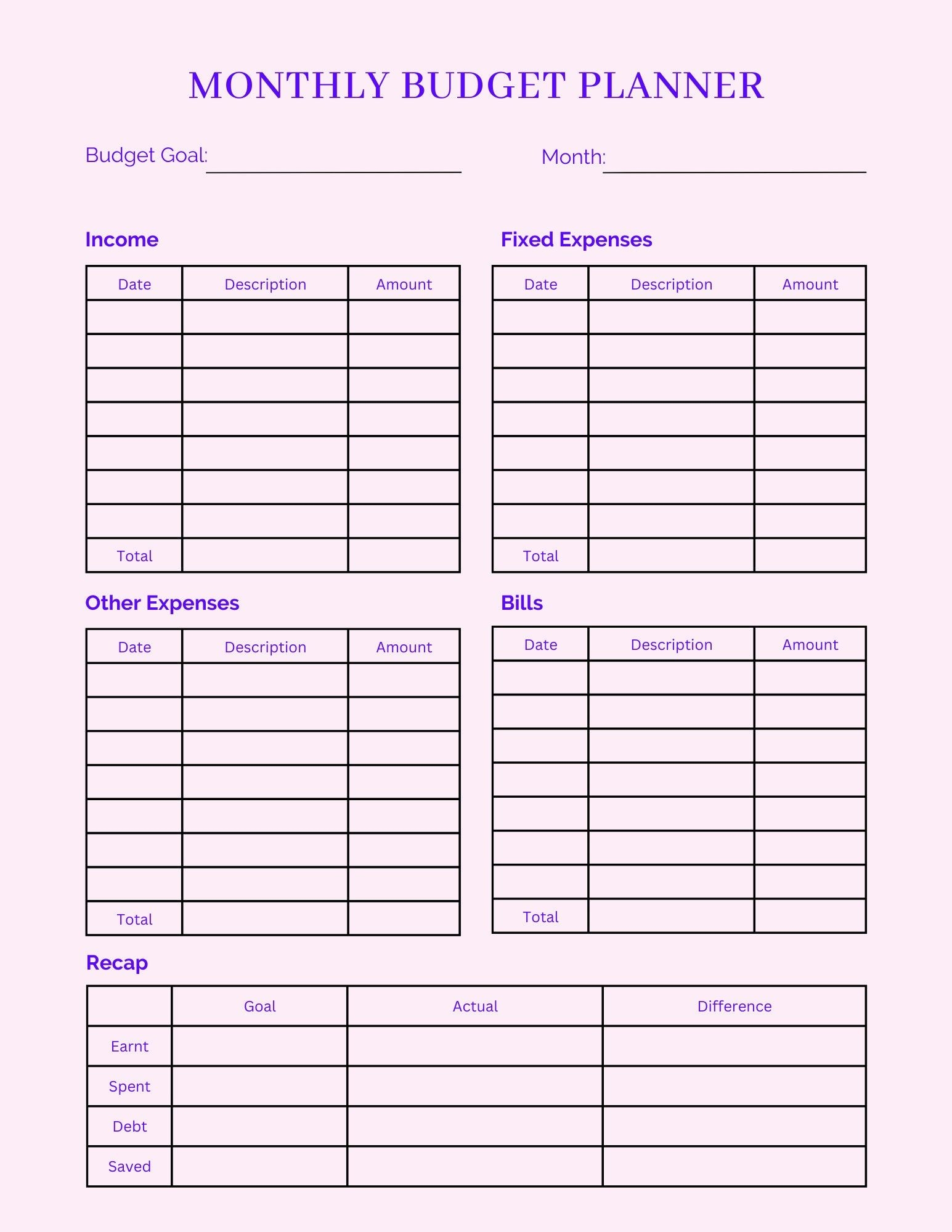 Simple Monthly Budget Printable Digital Download Pretty Buget Planner
