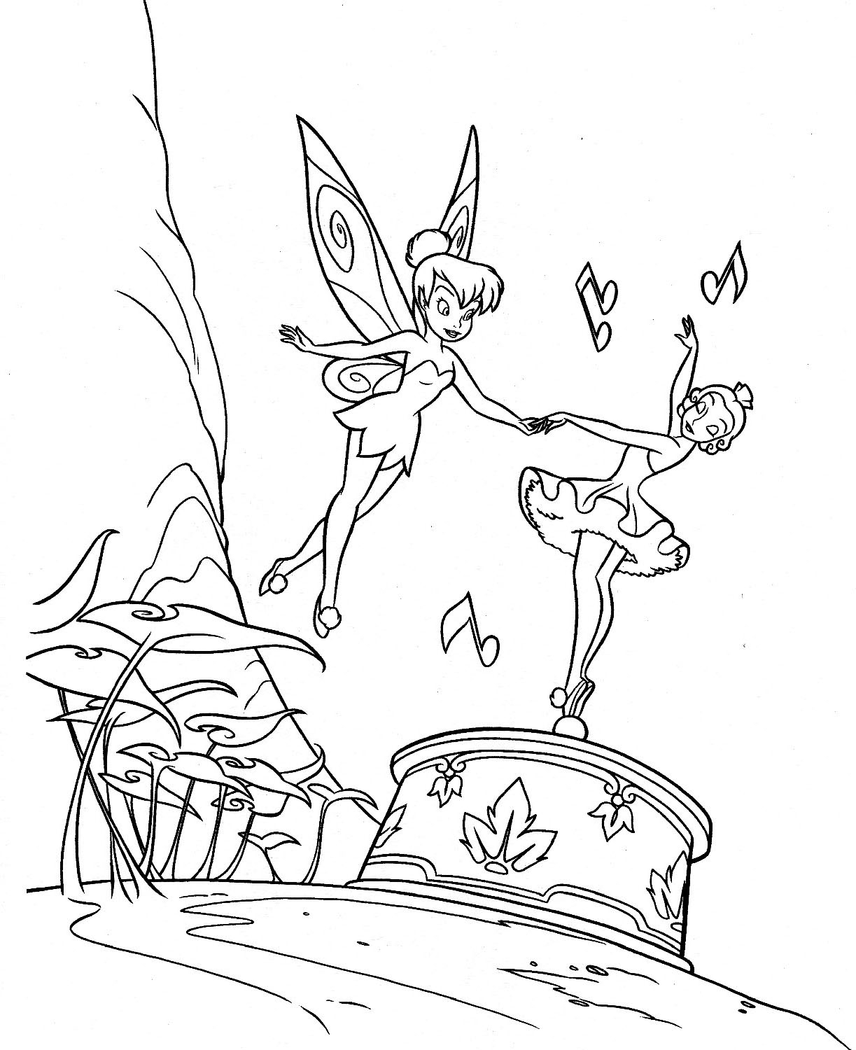 Tinkerbell Coloring Pages Singing And Dancing With A Atatue Of 