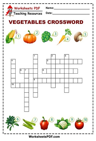 Vegetables Crossword Dowload PDF Free Worksheets PDF