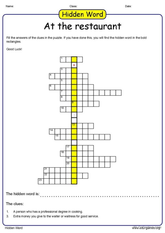 1 Going To A Restaurant Crossword Vocabulary Practice Engl 