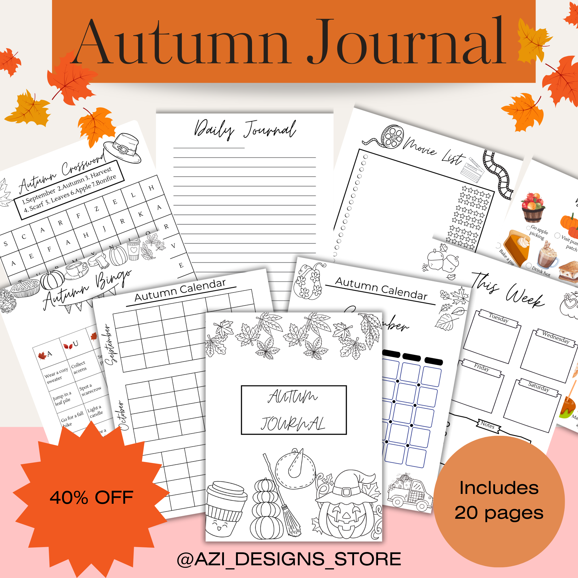 20 Page Autumn Journal Bundle Fall Bucket List Fall Crossword Puzzle 