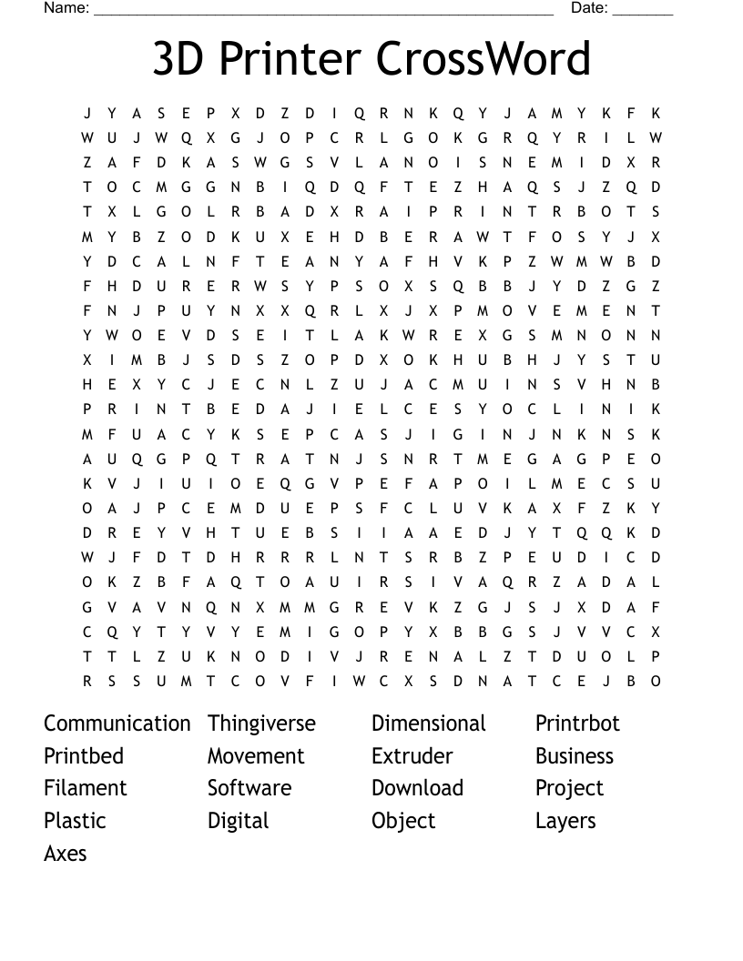 3D Printer CrossWord Word Search WordMint