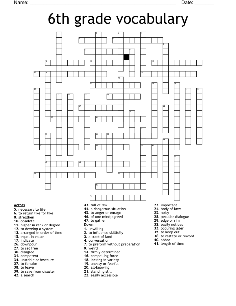 6th Grade Vocabulary Crossword WordMint
