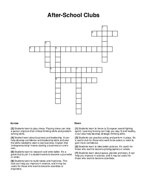 After School Clubs Crossword Puzzle