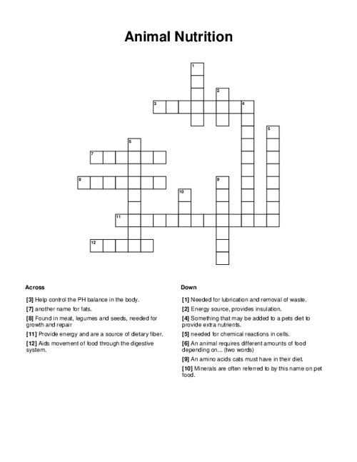 Animal Nutrition Crossword Puzzle