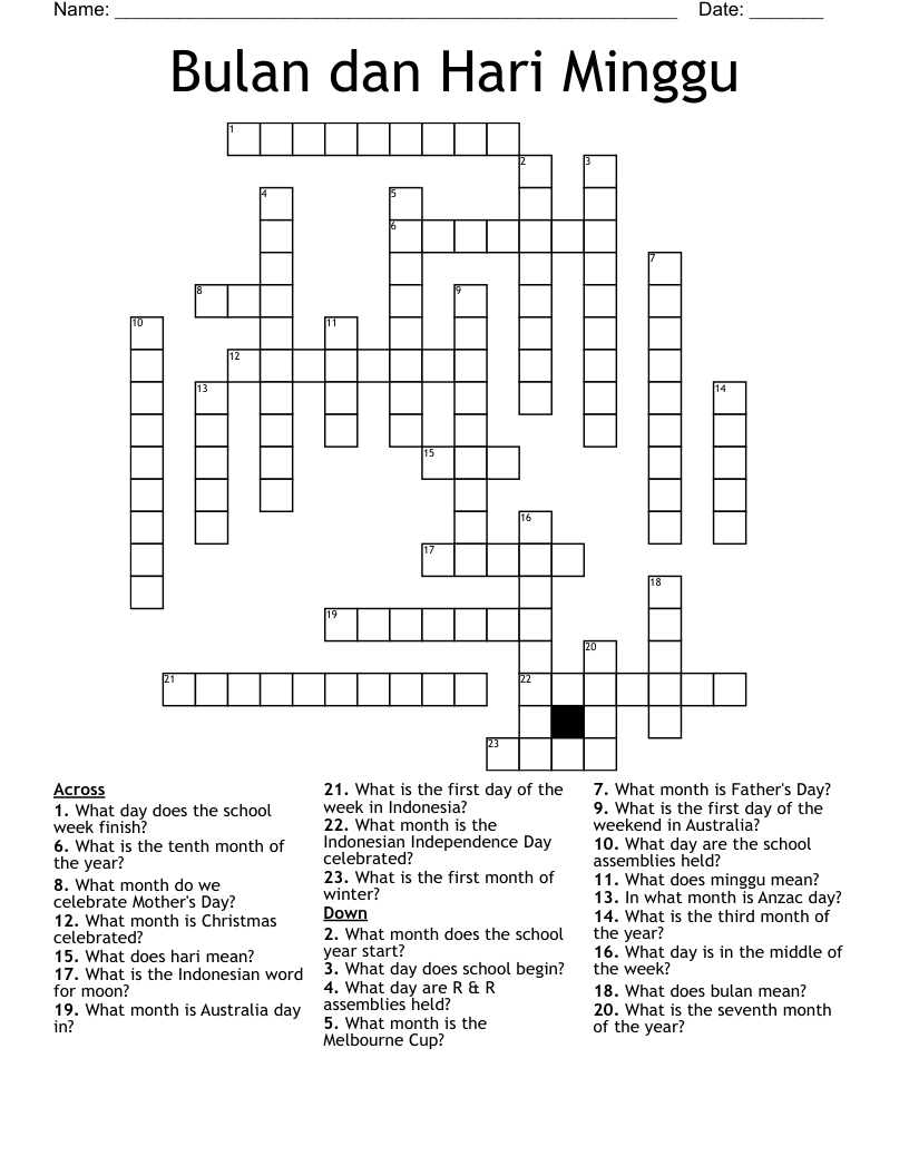 Bulan Dan Hari Minggu Crossword WordMint