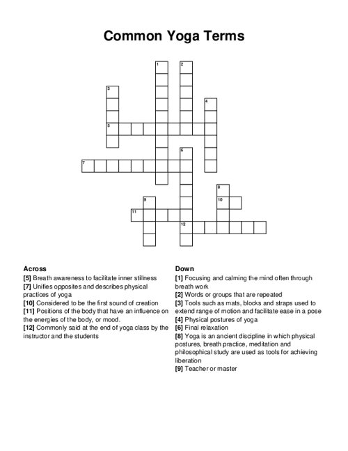 Common Yoga Terms Crossword Puzzle