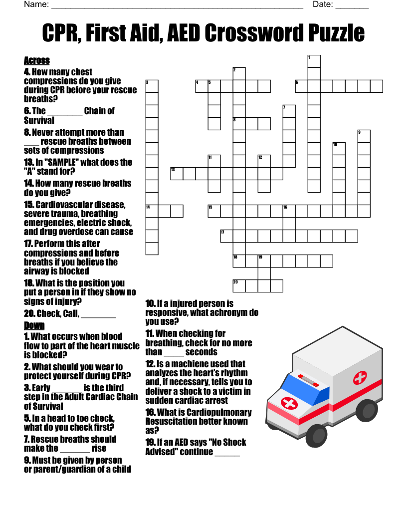 CPR First Aid AED Crossword Puzzle WordMint