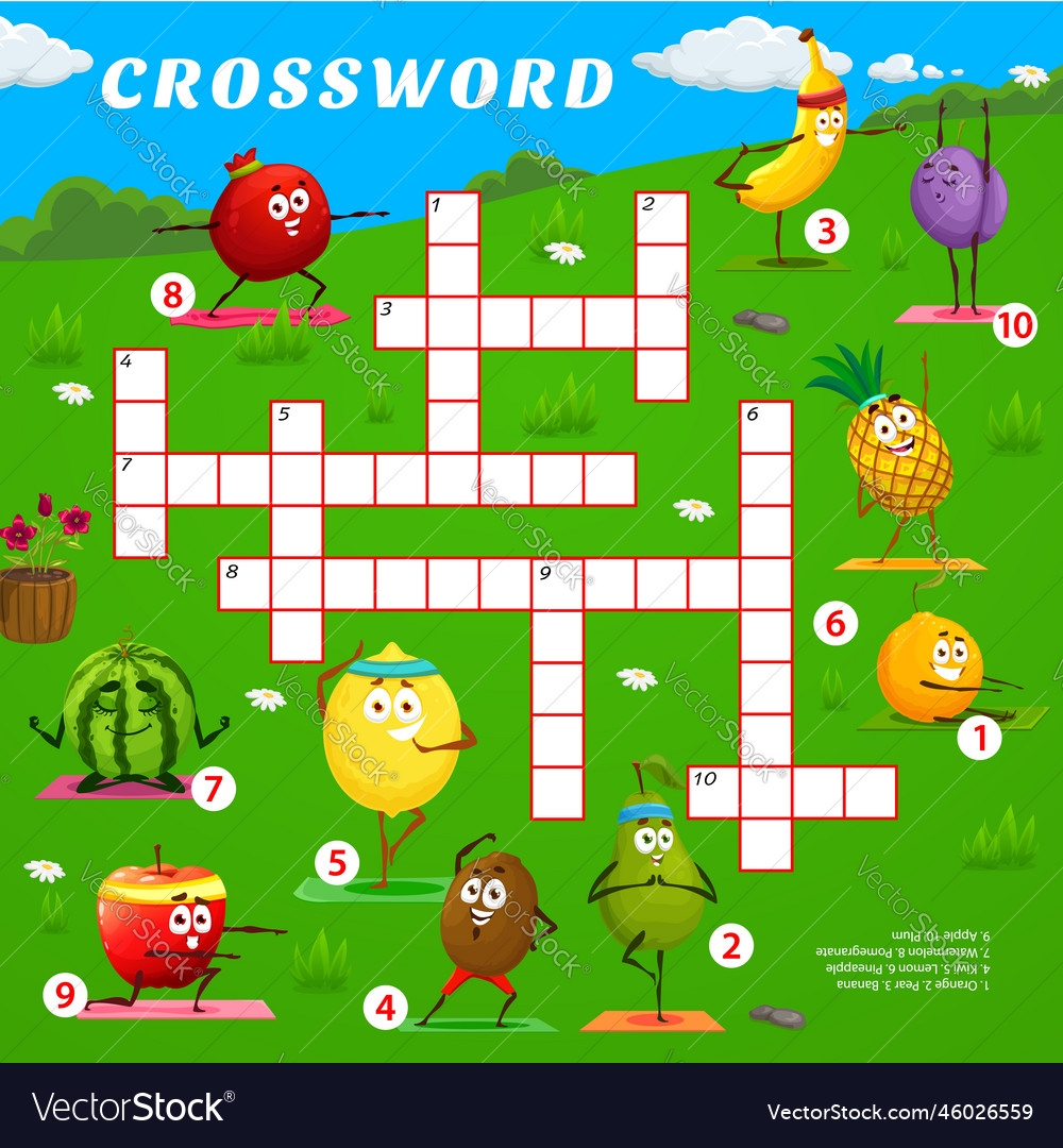 Crossword Quiz Game With Cartoon Fruit On Yoga Vector Image