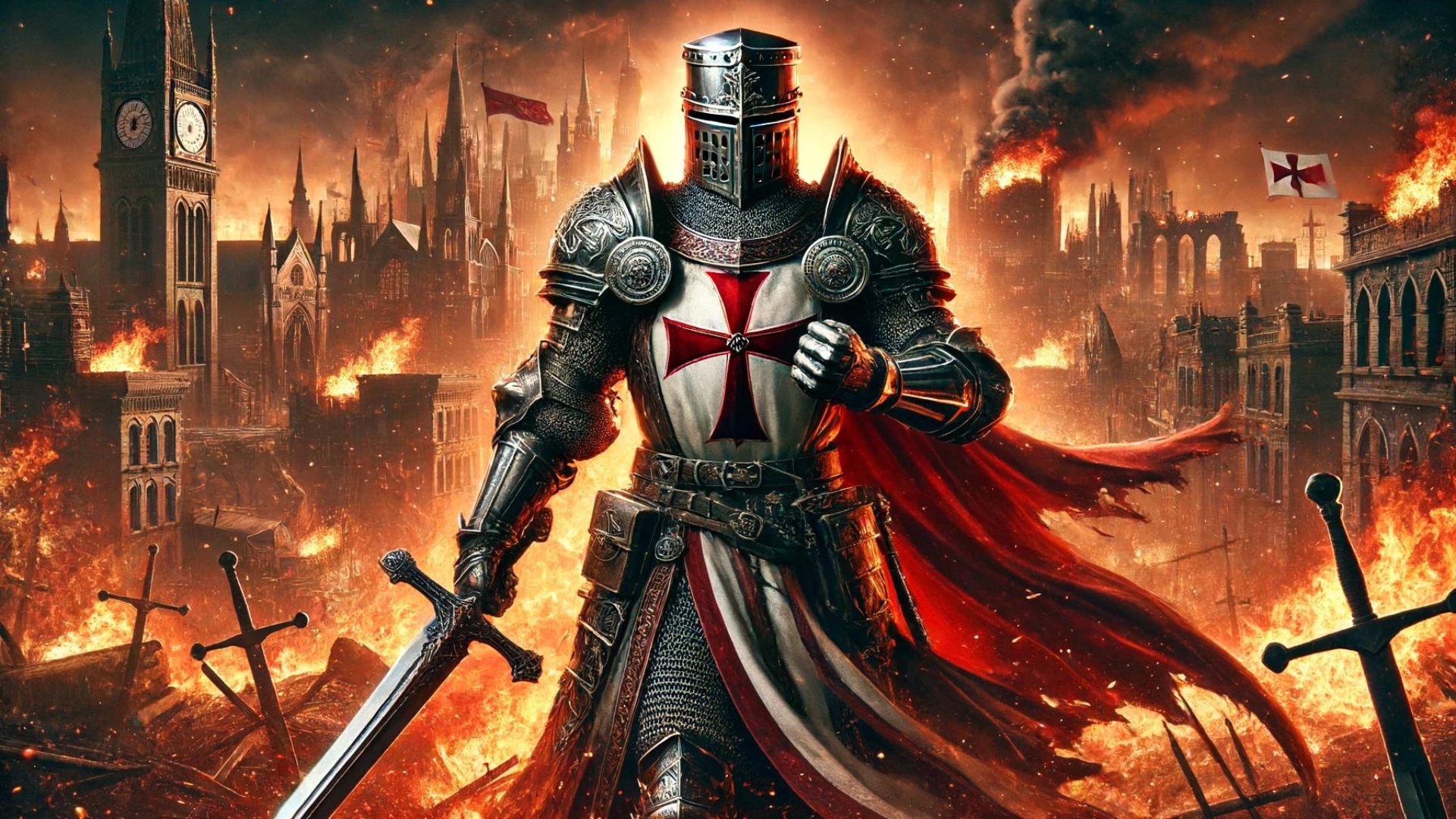 Crusader Knight Warrior Standing Heroically In A Fiery City Background 