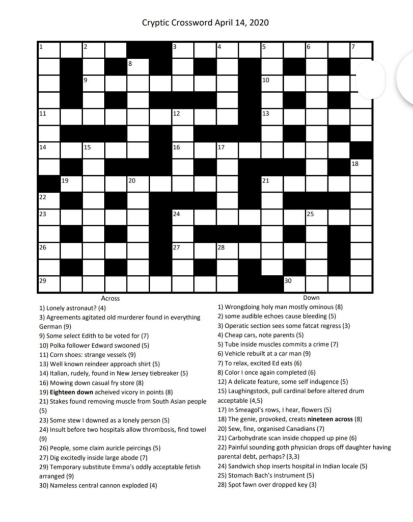 Daily Cryptic Crossword Free Printable Crosswords