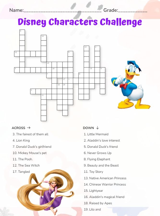 Disney Characters Challenge Crossword Puzzles Disney Puzzles 