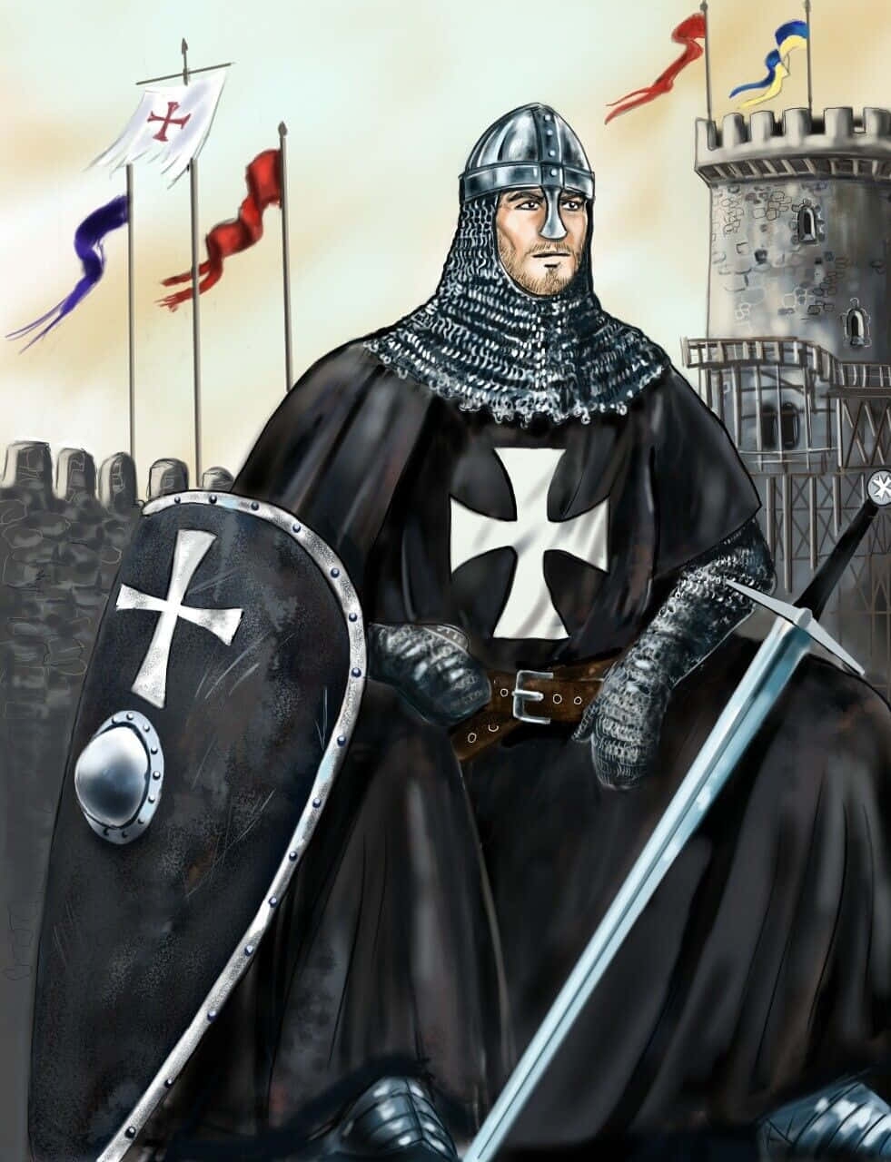 Download Image Medieval Crusader Standing With Flag In Hand